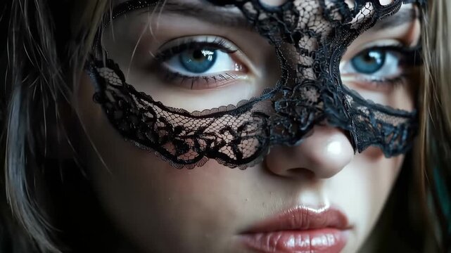Mystery Unveiled: The photograph captures a beautiful woman with striking blue eyes, partially concealed by an intricate black lace mask, exuding an aura of mystery and elegance.