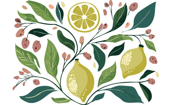 Modern rustic lemon botanical border design 2, stylized citrus illustration kitchen decor, farmhouse style Mediterranean fruit and foliage design, vine arrangement with yellow fruits and green leaves