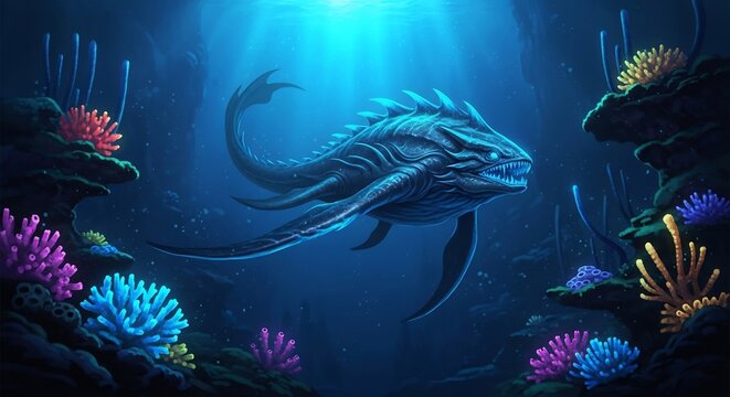 A majestic prehistoric sea monster swimming through a vibrant underwater world with colorful coral reefs.