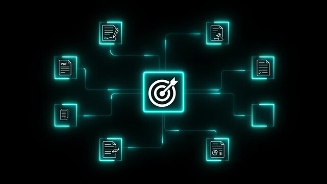 Document management system hologram with files and folders. Abstract Digital Communication Network: Glowing Neon Email Icons and file Symbols. 4k motion on transparent background.