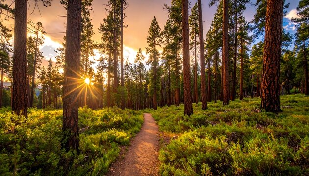 Sunny forest path view, with dense trees and bright sky shining through the trees