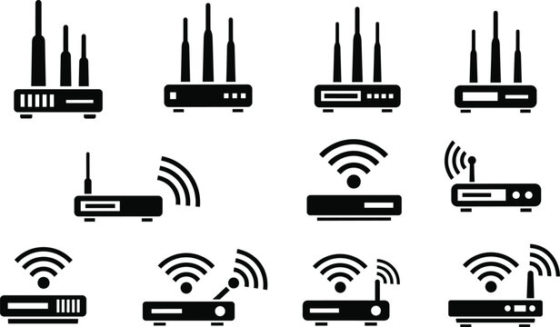 WiFi router icon set, wireless internet modem symbols, network hardware collection, signal transmitter devices, communication technology flat vector illustration pack