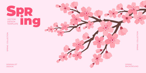 Fototapeta premium Spring banner, greeting card, cover, poster with Sakura cherry blossom branches. Floral art template for sale, Japanese themed, Hanami, Womens Day, Mothers Day, birthday, Easter.
