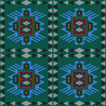 Seamless beadwork pattern with ethnic folk diamond motifs in teal blue magenta and gold on green