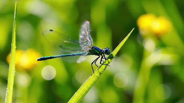 Closeup of a delicate blue damselfly perched on a vibrant green blade of grass with soft yellow flowers blurred in the background.