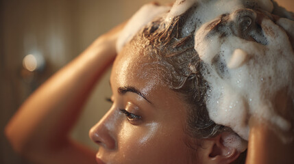 Obraz premium A woman shampooing her curly hair in a salon setting