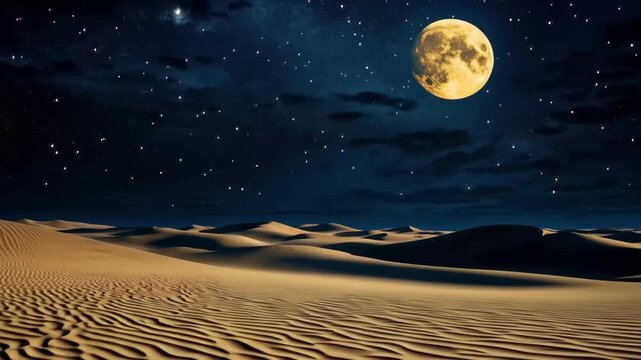 Desert Night's Celestial Dance: An expansive desert landscape is transformed under a starlit night sky, as the majestic moon casts an ethereal glow upon the rolling dunes.