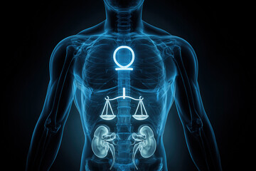 Glowing blue human anatomy with zodiac sign and scales