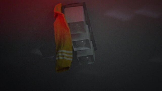 Orange sock hanging from a chandelier in a dim room with colored party lighting, humorous prank detail with hazy atmosphere and soft shadows, close up of hanging fabric against dark background