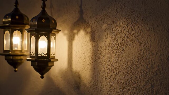Traditional Arabic lanterns casting intricate shadows on a textured wall, creating a warm and inviting ambiance