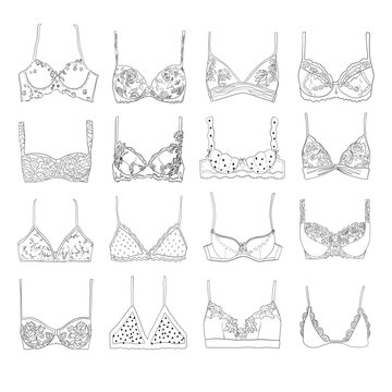 Female lingerie collection. Set of black and white lineart bras. Woman underwear vector flat sign