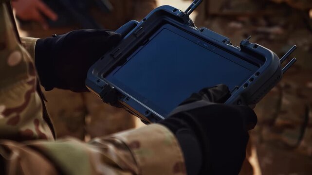 Soldier holding ruggedized tablet in camouflage uniform outdoors.