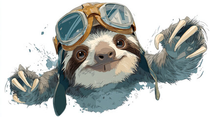 Fototapeta premium A playful sloth wearing aviator goggles with outstretched arms.