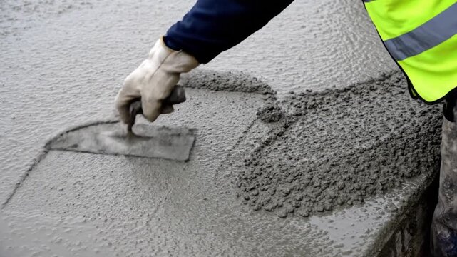 Construction worker smoothing wet concrete with a trowel on a building site.