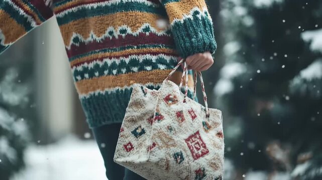 Winter Warmth: A person embraces the winter chill with a cozy sweater and patterned bag, strolling through a snowy scene, embodying comfort and seasonal charm.