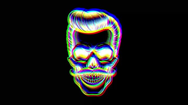 Animated hipster skull featuring a styled pompadour hairstyle and a large handlebar mustache with a vibrant digital glitch effect and RGB color shifts on a black background.