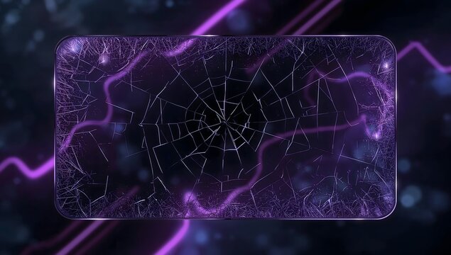 Futuristic rectangular glass screen with cracks and spider web fractures illuminated by purple and blue neon light, cyber security breach concept.