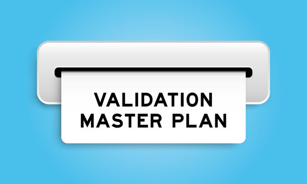 White coupon banner with word validation master plan from machine on blue color background