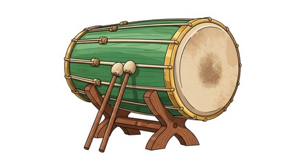 Detailed illustration of a traditional green percussion drum, complete with a carved wooden stand and matching drumsticks, symbolizing cultural music and rhythm