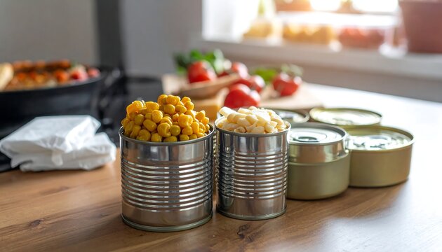 Tinned goods are arranged with tomatoes, herbs, and cooked food on a counter by a sunny window