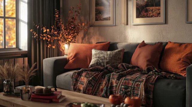 Cozy Autumnal Living Room: A warm, inviting living room scene, with a comfortable sofa adorned with cushions, soft lighting, and decor, creating a perfect atmosphere for relaxation.