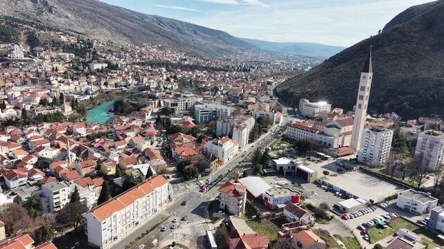 Aerial view of the Peace Bell Tower and Franciscan Church in Mostar, Bosnia and Herzegovina