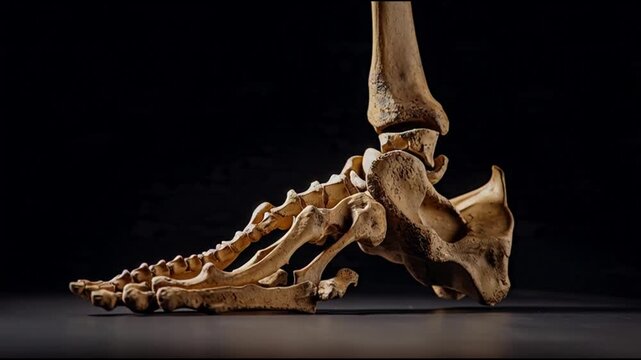 Close-up view of a human foot skeleton on a dark background with detailed bones exposed.