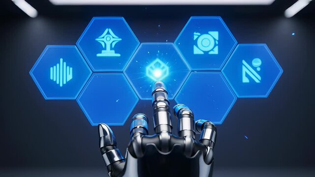 Futuristic robotic hand interacting with a glowing blue digital learning management system interface in a sleek 3D animated environment, ideal for educational technology and innovation concepts.