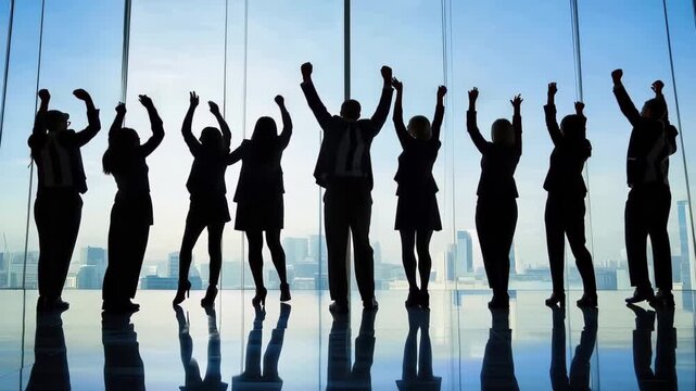 Team Silhouette:  A team of silhouetted individuals stand united, arms raised in a gesture of success, their forms defined against the backdrop of a modern building. Representing  triumph.
