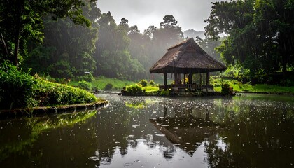 Obraz premium Thatched hut on an island in a lake amidst dense jungle under an overcast, rainy sky