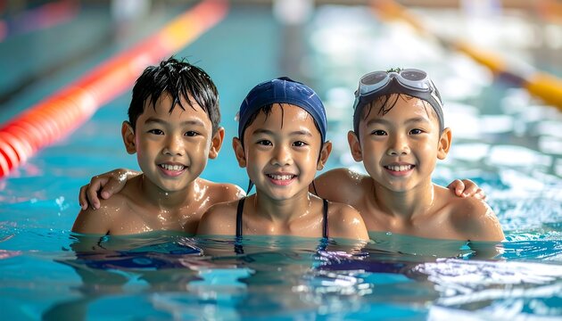 Three smiling, happy kids in a pool with blue water. Red, yellow, and white lane markers are visible in background