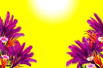 A colorful illustration of purple and pink flowers with palm fronds on a vibrant yellow background, illuminated by a bright sunny glow, perfect for designs needing a tropical feel.