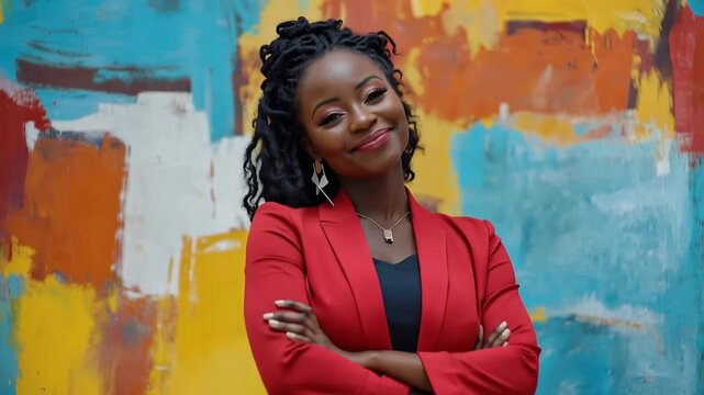 Confident Professional: A sophisticated individual, exuding grace and poise, stands before a vibrant, artistic backdrop, representing empowerment and style.