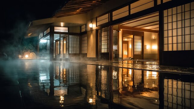 湯気が立ち上る夜の和風露天風呂と歴史ある温泉宿の建築美 - 伝統的な旅館、贅沢な旅行体験、リラクゼーション、スパの広告背景に