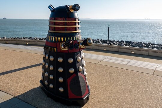 Southsea England - March 2 2026: The Happy Dalek on the promenade at Southsea Hampshire with the sea in the background