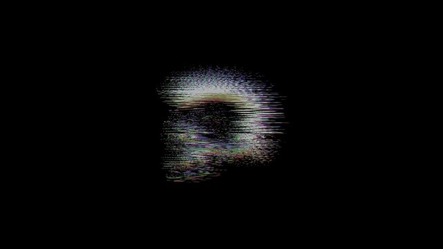 Animated punk skull with a vibrant mohawk featuring a digital glitch effect, chromatic aberration, and RGB color shifts on a solid black background.