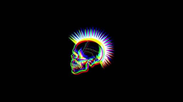 Animated punk skull with a vibrant mohawk featuring a digital glitch effect, chromatic aberration, and RGB color shifts on a solid black background.