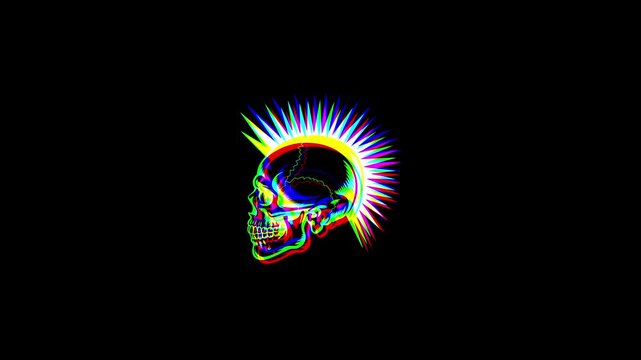 Animated punk skull with a vibrant mohawk featuring a digital glitch effect, chromatic aberration, and RGB color shifts on a solid black background.