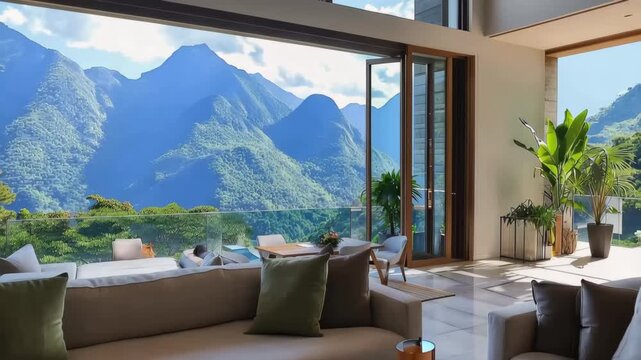 Scenic Vista: A luxurious living space seamlessly blends with a breathtaking mountain panorama. Large windows frame a verdant landscape.