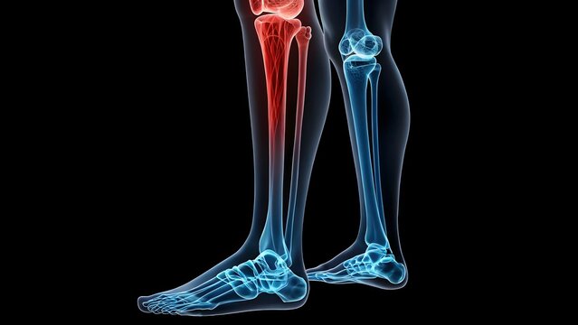Artistic 3D medical illustration of a glowing blue human lower leg skeleton on a stark black background. A striking red highlight reveals severe, jagged fractures in the tibia and fibula bones.