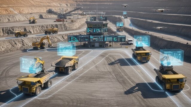 Autonomous Mining Trucks Operating in a Smart Quarry with Digital Overlays.