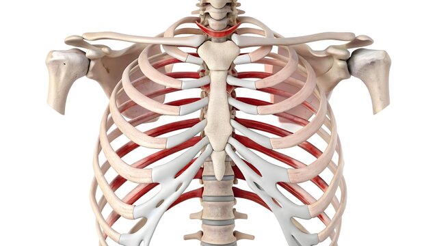 Hyper-realistic 3D render of a human rib cage showing displaced fractures in the 5th and 6th ribs. Isolated on a white background for precise clinical, educational, and orthopedic visualization.