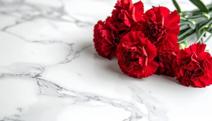 白い大理石テーブルの上に置かれた真紅のカーネーションの花束のクローズアップ写真