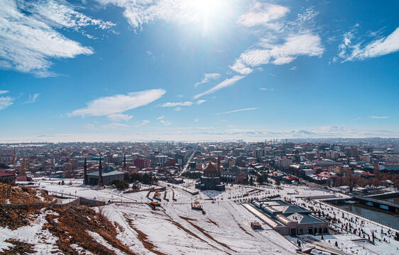 The scenic view of Kars, the Castle of Kars (Kars Kalesi), and the Holy Apostles Church in winter on a snowy day, in Turkey. 