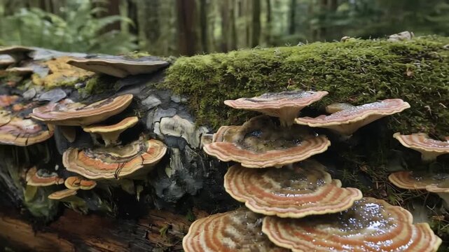 Mushroom on Log: A detailed shot of mushrooms and mosses clinging to a decaying log in a misty, forested environment, showcasing nature's cycle of decomposition and renewal. 