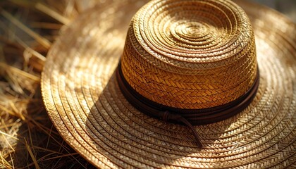 麦わら帽子の繊細な編み目テクスチャを捉えたオーバーヘッドクローズアップ