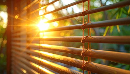 竹製すだれの隙間から差し込む夏の陽光と緑の背景