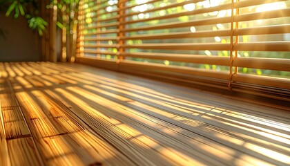 竹製ブラインド越しの陽光が木製フロアに作り出す縞模様の影