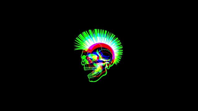 Animated punk skull with a vibrant mohawk featuring a digital glitch effect, chromatic aberration, and RGB color shifts on a solid black background.