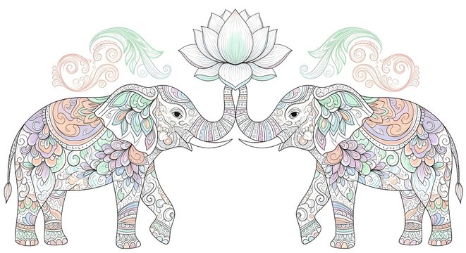 Pair of ornamental elephants with lotus flower and pastel ethnic pattern